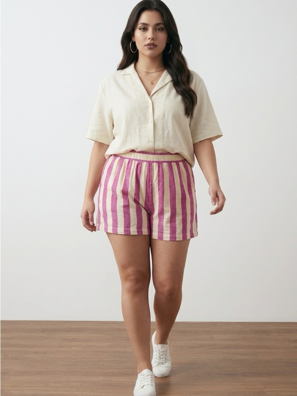 Pink Cream Striped Linen Blend Shorts Elastic Waist Pockets Lightweight Casual